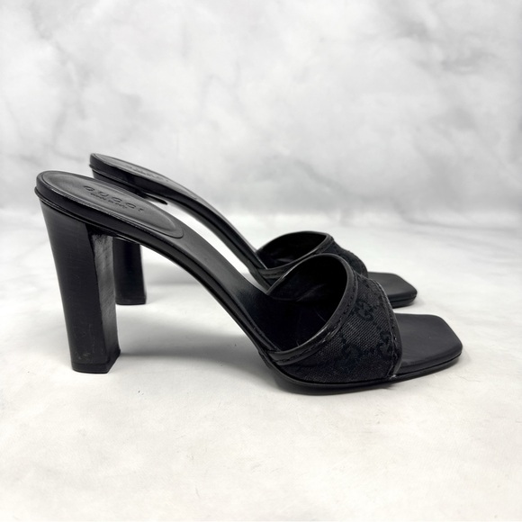 Gucci Vintage GG Monogram Canvas Leather Square Toe Block Heel Mules Black 8.5 - Picture 2 of 14